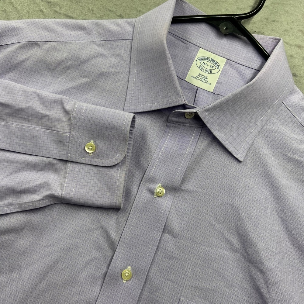 Brooks Brothers‎ Slim Fit Non-Iron Dress Shirt 16.5 34 Purple Micro Grid Cotton